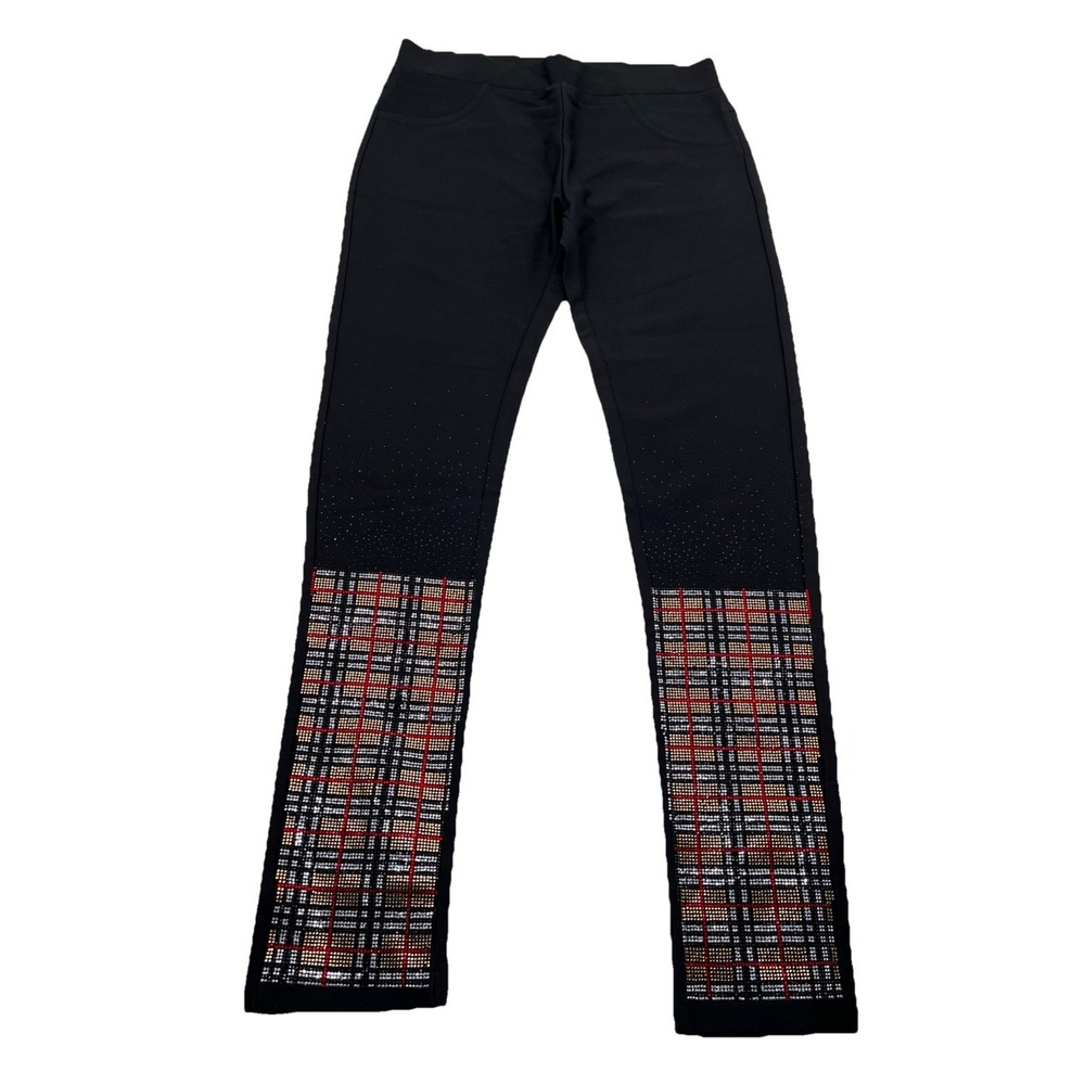 KISS & LOVE Women's Black Leggings Size L Rhinestone Plaid Stretch Fashion